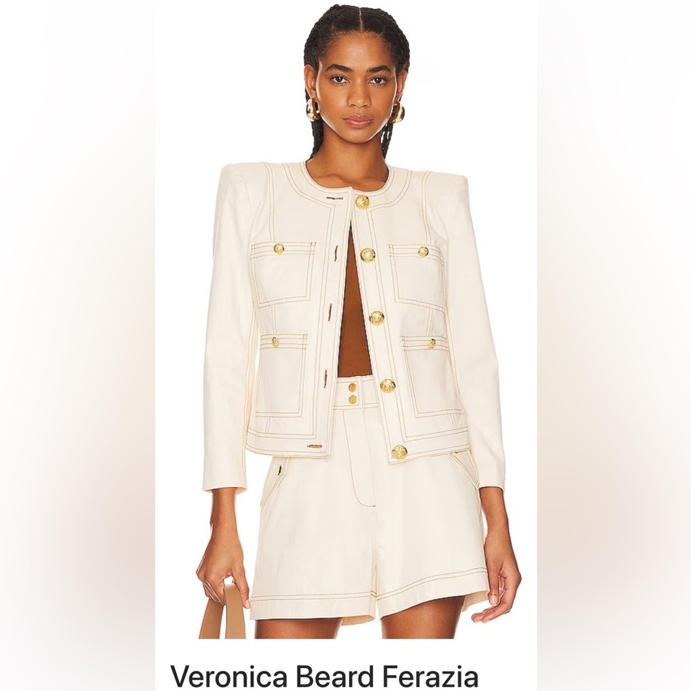 NET $ 598 Veronica Beard Ferazia StretchCotton Jacket, Size 6, Ecru, 99% Cotton